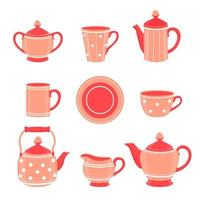 Kaffeeset oder Teeset. Teezubehör in der Küche. Vektor-Cartoon-Illustration