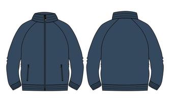 långärmad jacka med ficka och dragkedja teknisk mode platt skiss vektor illustration marinblå färg mall. sweatshirtjacka i fleecejersey för män och pojkar
