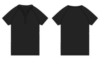 kortärmad raglan t-shirt tekniskt mode platt skiss vektorillustration svart färg mall fram- och bakvyer. vektor