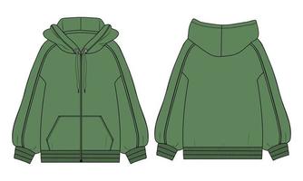 Langarm-Hoodie technische Mode flache Skizze Vektor-Illustration grüne Farbvorlage Vorder- und Rückansichten.