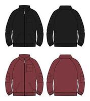 Langarm-Jacke technische Mode flache Skizze Vektor-Illustration rote und schwarze Farbvorlage Vorder- und Rückansicht. vektor