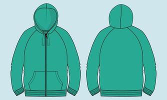 långärmad hoodie teknisk mode platt skiss vektorillustration grön färg mall fram- och bakvyer. vektor