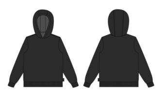 långärmad hoodie teknisk mode platt skiss vektorillustration svart färg mall fram- och bakvyer. vektor