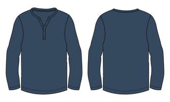 långärmad t-shirt teknisk mode platt skiss vektorillustration marinblå färg mall mall fram- och baksida vektor