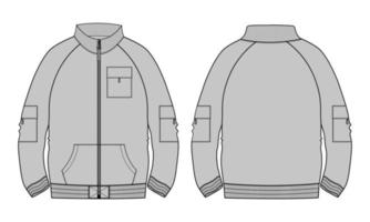 långärmad jacka teknisk mode platt skiss vektor illustration grå färg mall fram- och bakvyer.