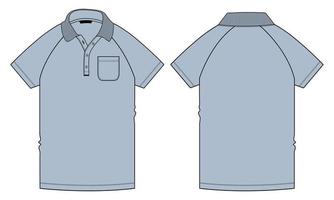 kurzärmliges Raglan-Poloshirt technische Mode flache Skizzenvektor-Illustrationsschablonen-Vorder- und Rückansichten lokalisiert auf weißem Hintergrund. vektor
