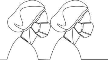 kontinuerlig en rad ritning två sjuksköterskor använder mask och hatt när de arbetar på sjukhus. enda rad rita design vektorgrafisk illustration. vektor