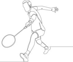 enda kontinuerlig linjeteckning en badmintonspelare slår i rätten. sport träning koncept. trendiga en rad rita design vektor illustration för badminton turnering.