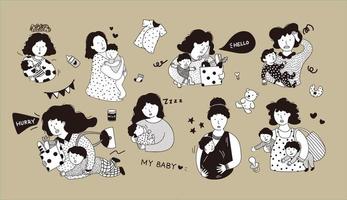 upptagen mamma med baby illustration set doodle vektor illustration