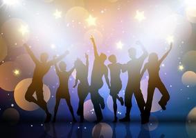 Silhouetten von Partyleuten, die auf Lichtern und Sternenhintergrund tanzen
