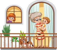 Oma und ihr Neffe stehen auf dem Balkon