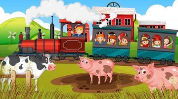 Bauernhofszene mit Kindern im Zug vektor
