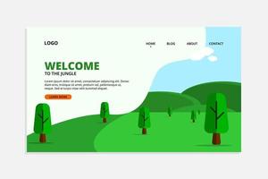 klassische grüne Landing Page. mit trendigem und wunderschönem Naturlandschaftsthema mit Hügel, Berg, Bäumen, Wolken und Himmel vektor