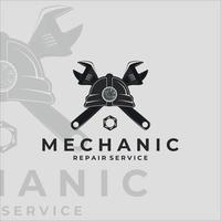 mechaniker logo vintage vektor illustration vorlage symbol etikettendesign. schraubenschlüssel und helm für sicherheitskonzeptdesign für professionelle ingenieure