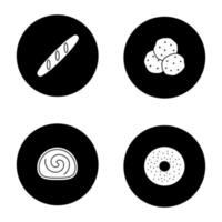 bageri glyf ikoner set. baguette, chokladchips, swiss roll, bagel. vektor vita silhuetter illustrationer i svarta cirklar