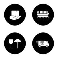 Glyphensymbole für die Frachtschifffahrt festgelegt. Lieferservice. offene hand mit paket, frachtschiff, zerbrechlich, lieferwagen. Vektor weiße Silhouetten Illustrationen in schwarzen Kreisen