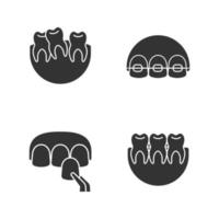 tandvård glyf ikoner set. stomatologi. sneda och friska tänder, tandställning, faner. siluett symboler. vektor isolerade illustration