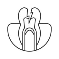 Lineares Symbol für Zahnschmerzen. dünne Liniendarstellung. zerstörter Zahn. Zahn mit Blitz. Kontursymbol. Vektor isolierte Zeichnung