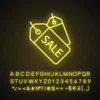 prislappar neonljus ikon. butiksförsäljning. glödande tecken med alfabet, siffror och symboler. vektor isolerade illustration