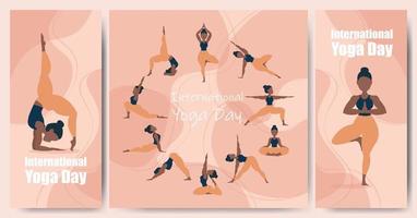 21 juni - illustration av internationella yogadagen. baner. vektor illustration yogaövningar. kvinnor silhuetter set. studioyoga