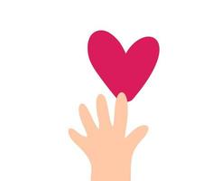 Vektor beige Kinderhand nimmt rotes Herz-Logo-Symbol. Spenden anregen. Konzeptidee der Spende und Hilfe. krieg in der ukraine stoppen