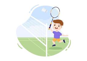 Badmintonspieler mit Shuttle auf dem Platz in flacher Cartoon-Illustration. fröhliches Sportspiel und Freizeitdesign vektor
