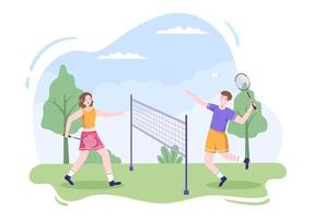 badmintonspelare med skyttel på banan i platt stil tecknad illustration. spelar gärna sportspel och fritidsdesign vektor