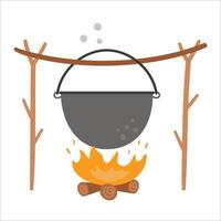 Vektorkessel, der an Baumzweigen über dem Feuer hängt. lagerfeuertopfillustration lokalisiert auf weißem hintergrund. Herbst- oder Sommersaison Lagerfeuer-Symbol. lustige herdsymbolillustration. vektor