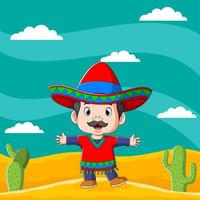 mexikanischer Junge, der mit dem Kaktus um ihn herum in der Wüste steht vektor