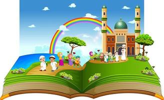das schöne Geschichtenbuch mit den spielenden Kindern in der Nähe der Moschee darauf vektor