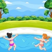 Zwei Kinder spielen zusammen im Teich vektor