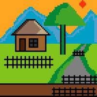 Pixelkunsthintergrund mit Haus, Berg, Bäumen, Boden, Büschen, Fluss, Brücke und Himmel vektor