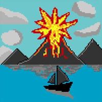 Pixelkunsthintergrund mit Vulkanberg, Wolken, Meer und Boot vektor