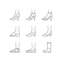 Frauen moderne Schuhe lineare Symbole gesetzt. elegante schuhe für sommer und herbst für frauen. Stöckelschuhe, Sandalen, Pumps. dünne Linienkontursymbole. editierbarer Strich. isolierte vektorumrissillustrationen vektor