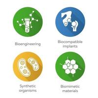 bioteknik platt design lång skugga glyph ikoner set. bioteknik för hälsa, evolutionär forskning, skapande av nya material. biokemi, gmo, implantation. vektor siluett illustration