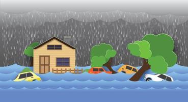 översvämning, översvämmande vatten i stadsgatan, fallande träd vektor