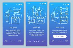 arbeitserfahrung blau onboarding mobile app seite bildschirm vektorvorlage. Entry, Mid, Senior Level. Walkthrough-Website-Schritte mit linearen Illustrationen. ux, ui, gui smartphone-schnittstellenkonzept vektor