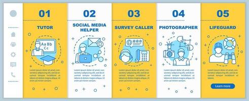Teilzeitjobs beim Onboarding mobiler Webseiten Vektorvorlage. Erzieher, Rettungsschwimmer. reaktionsschnelle smartphone-website-schnittstellenidee mit linearen illustrationen. Webseiten-Walkthrough-Schrittbildschirme. Farbkonzept vektor