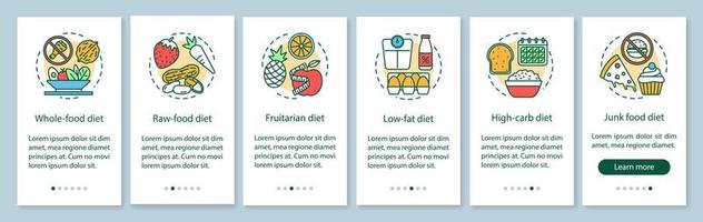 vegane Ernährung auf dem Bildschirm der mobilen App-Seite mit linearen Konzepten. Schrittweise grafische Anleitung für vegetarische Lebensstil-Walkthrough-Schritte. Ernährungsplan. ux, ui, gui-vektorvorlage mit illustrationen vektor
