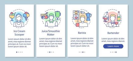 kafé, snabbmatsindustrin deltidsjobb onboarding mobil app sidskärm med linjära koncept. barista, bartender genomgångssteg grafisk instruktion. ux, ui, gui vektormall med illustrationer vektor