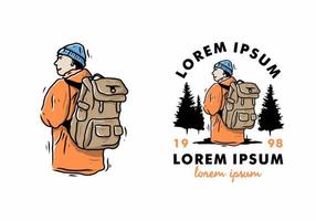 bergsteigermann, der orange jackeillustrationszeichnung trägt vektor