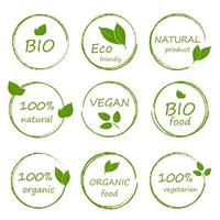 Runder Aufkleber, Etikett, Rahmen, Abzeichen und Logo für Öko-, Bio-, Bio- und Naturprodukte. satz von umweltfreundlichen grünen abzeichen design. Sammlung von veganen, Bio-, Bio-Lebensmitteln, glutenfreien und natürlichen Produkten. vektor