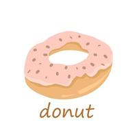 Donut mit Puderzucker und rosa Erdbeercreme. Symbol, Clipart für Website, Lebensmittellieferung, Bäckerei, Rezeptsammlung. Cartoon-Stil. vektor