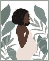 Illustration, eine schöne schwangere Frau in einem weißen Kleid auf einem Hintergrund tropischer Blätter. das Konzept der Mutterschaft. Plakat, ClipArt