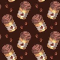 Nahtloses Muster, Plastikgläser mit Kaffee und Kaffeebohnen auf braunem Hintergrund. Druck, Textil, Tapete, Dekor