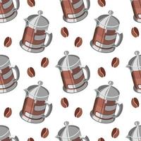 Nahtloses Muster, Kaffeekannen aus Metall und Kaffeebohnen auf weißem Hintergrund. Druck, Textil, Tapete, Dekor vektor