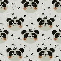 Nahtloses Muster, niedliche lustige Panda-Gesichter auf einem Hintergrund mit Blättern und Punkten. druck für kinder, karikaturhintergrund, textil, kinderzimmerdekor