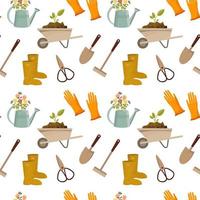 Gartenarbeit, nahtloses Muster, Handschuhe, Stiefel, Gartenwagen und Werkzeuge auf weißem Hintergrund. druck, textil, design für dekor vektor