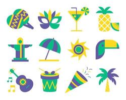 brasilianische karnevalsikonen eingestellt, maske, gitarre, cocktail, trommel, statue, regenschirm und andere. grüne und gelbe Farben, farbenfrohes Design vektor