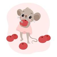 kinderillustration, süße kleine maus in einem rosa kleid mit roten beeren, zeichentrickfigur. Druck, Postkarte, Clipart vektor